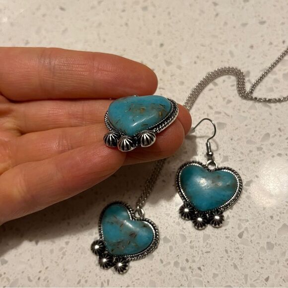3 Pcs Fake Blue Turquoise Stone Decor heart Pendant Necklace Earring Jewelry Set - Picture 7 of 9